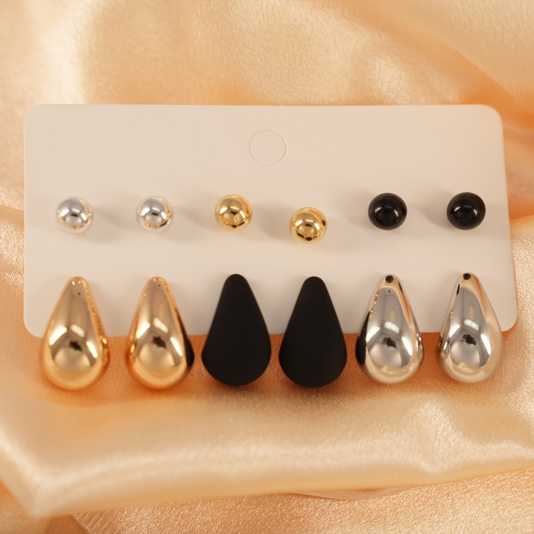 12pcs Stainless Steel Hoop Earrings Set Non Allergenic Teardrop Sphere Studs